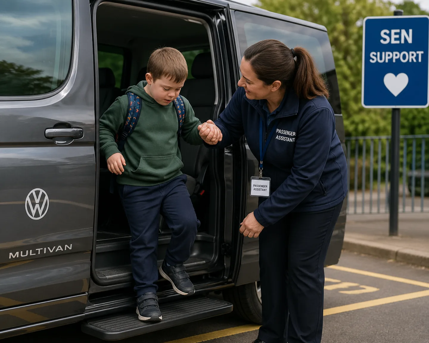 Passenger assistant helping a child from a vehicle during SEN transport support